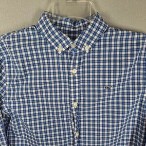 Vineyard Vines Boys Large Whale‎ Shirt Long Sleeve Button Up Shirt Blue Plaid